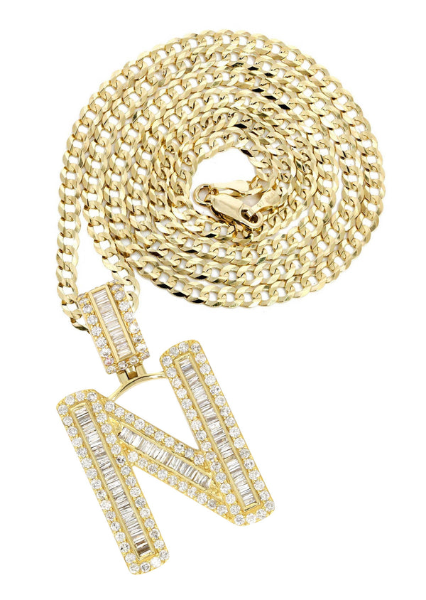 14K Yellow Gold Letter "N" Baguette Diamond Necklace | 2.1 Carats