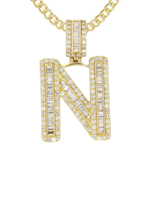 14K Yellow Gold Letter "N" Baguette Diamond Necklace | 2.1 Carats