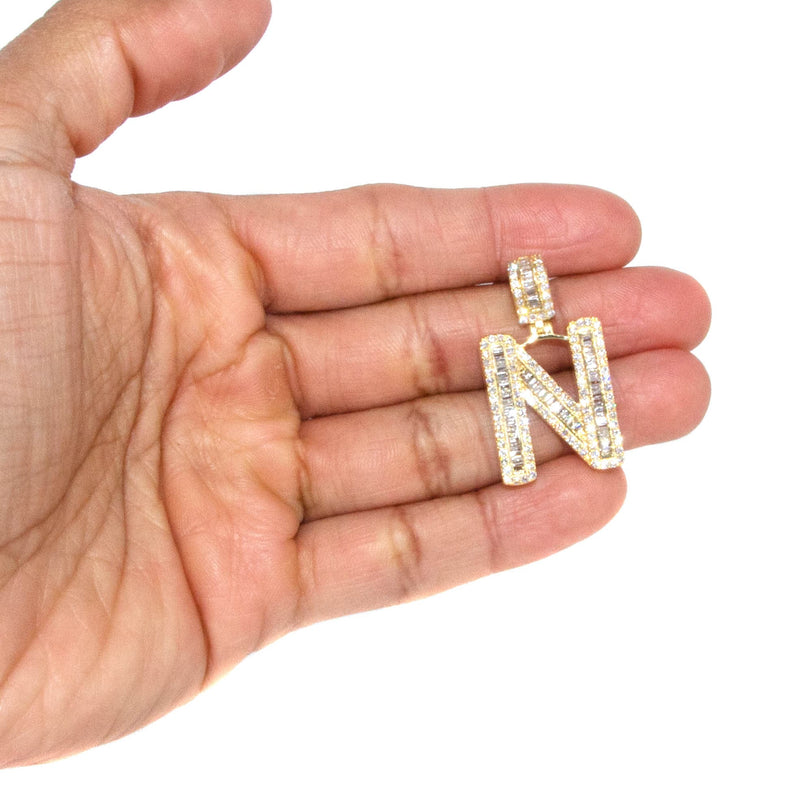 14K Yellow Gold Letter "N" Baguette Diamond Necklace | 2.1 Carats