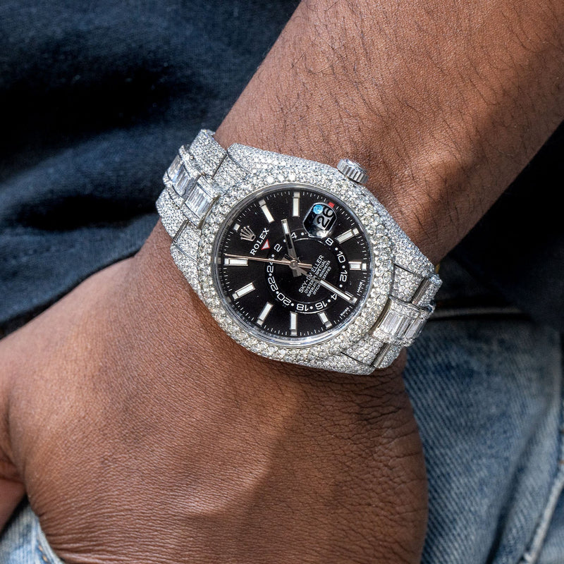 Rolex Sky-Dweller | Stainless Steel |  Iced Out Baguette & Round Diamonds | 42 MM | 40 Carats