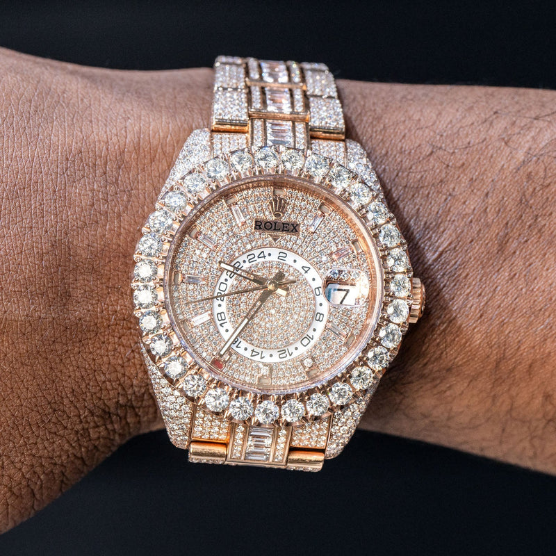 Rolex Sky-Dweller 18K Rose Gold | Fully Iced Out Baguette And Round Diamonds  | 42 MM | 35 Carats