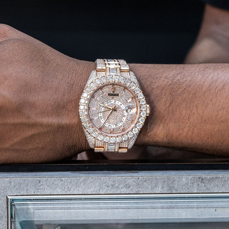 Rolex Sky-Dweller 18K Rose Gold | Fully Iced Out Baguette And Round Diamonds  | 42 MM | 35 Carats