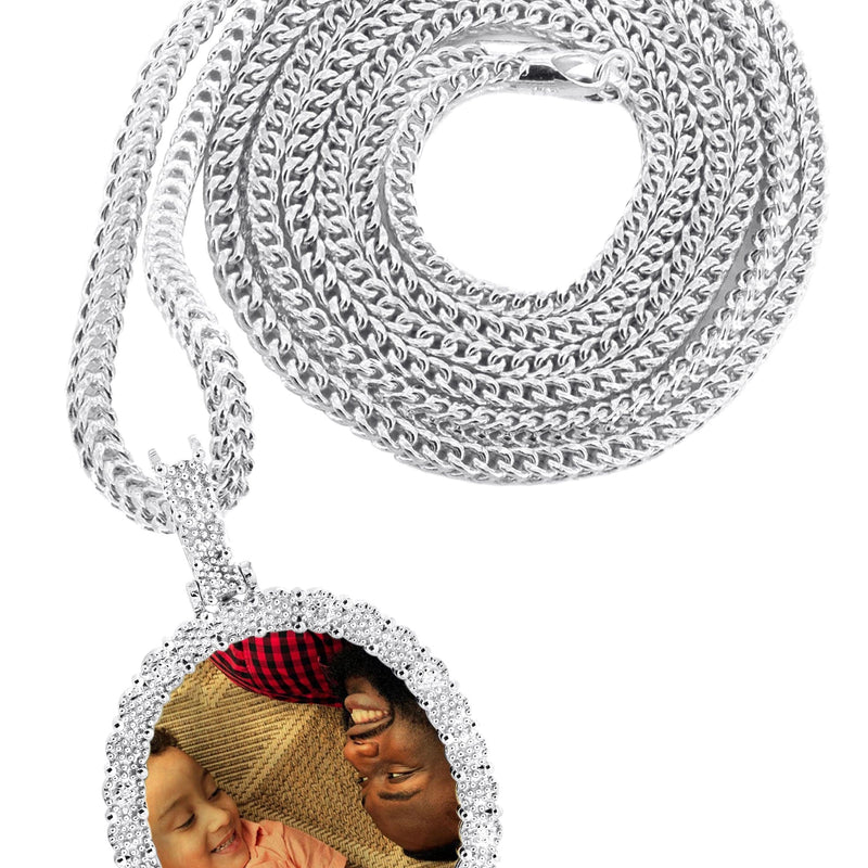 10K White Gold Large Diamond Oval Picture Pendant Necklace | Appx. 23 Grams