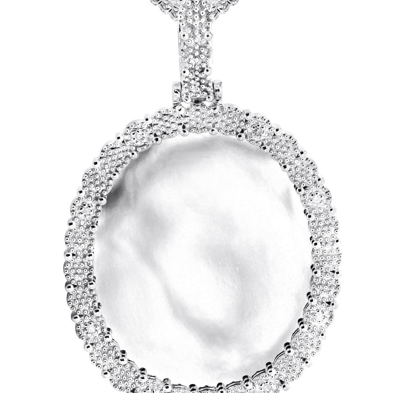 10K White Gold Large Diamond Oval Picture Pendant Necklace | Appx. 23 Grams