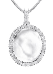 10K White Gold Large Diamond Oval Picture Pendant Necklace | Appx. 23 Grams
