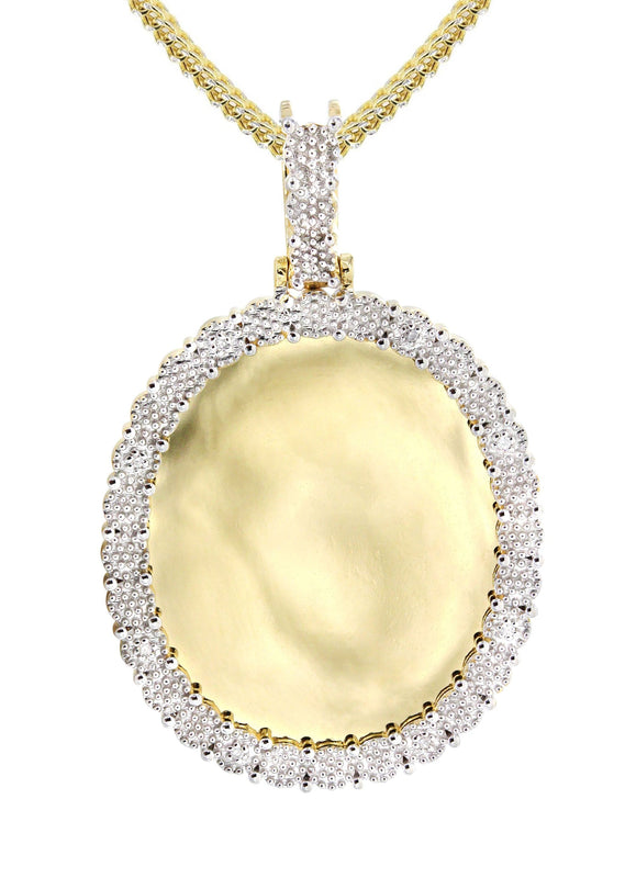 10K Yellow Gold Large Diamond Oval Picture Pendant Necklace | Appx. 23 Grams