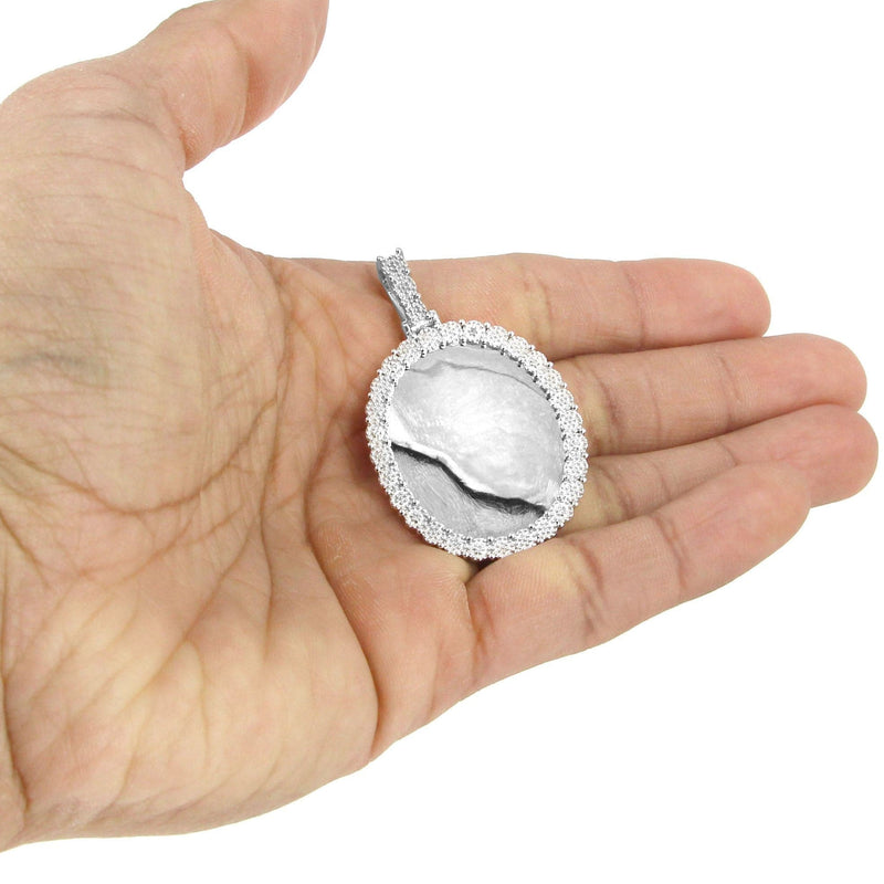 10K White Gold Large Diamond Oval Picture Pendant Necklace | Appx. 23 Grams
