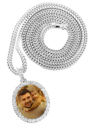 10K White Gold Medium Diamond Oval Cuban Picture Pendant Necklace | Appx. 21 Grams
