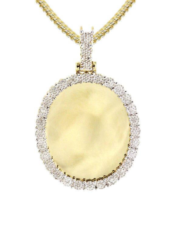 10K Yellow Gold Medium Diamond Oval Picture Pendant Necklace | Appx. 19 Grams