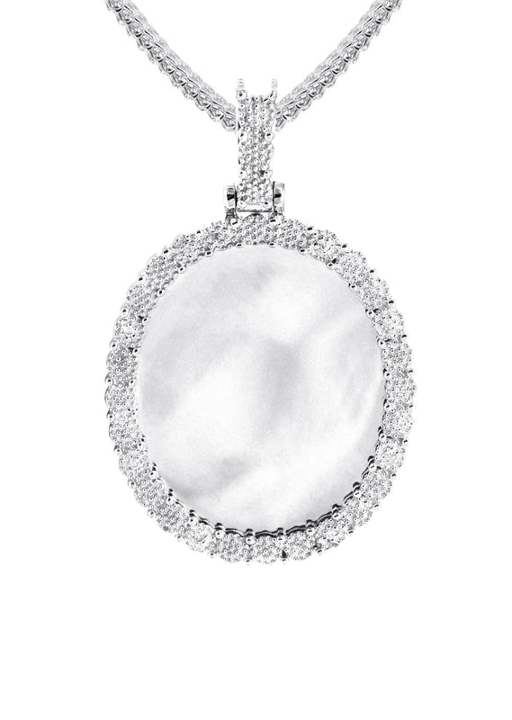 10K White Gold Medium Diamond Oval Picture Pendant Necklace | Appx. 19 Grams