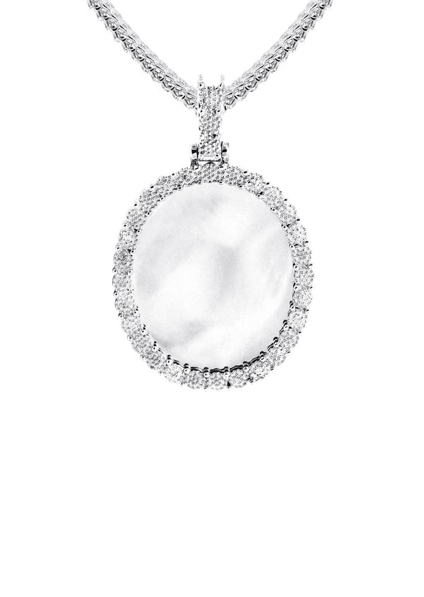 10K White Gold Small Diamond Oval Picture Pendant Necklace | Appx. 17 Grams