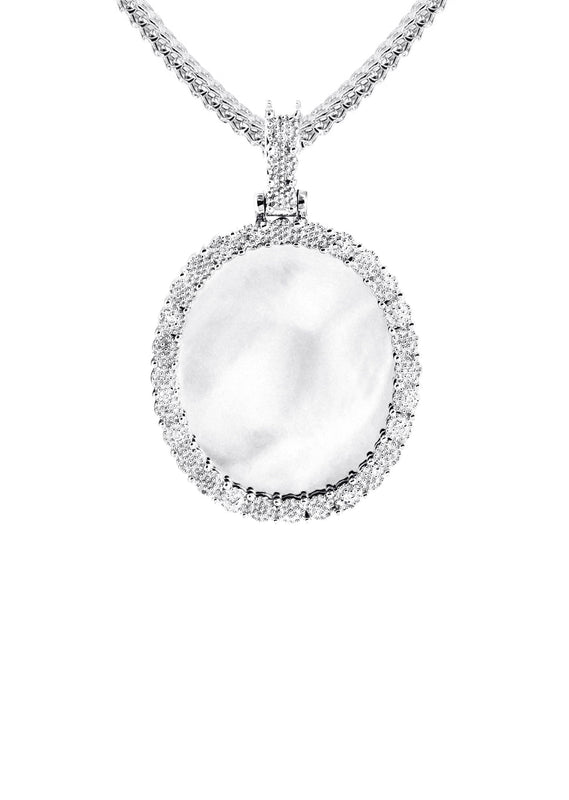 10K White Gold Small Diamond Oval Picture Pendant Necklace | Appx. 17 Grams