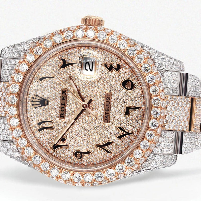 Diamond Rose Gold Iced Out Rolex Datejust 41 | 25 Carats Of Diamonds | Custom Full Diamond Arabic Dial | Oyster Band