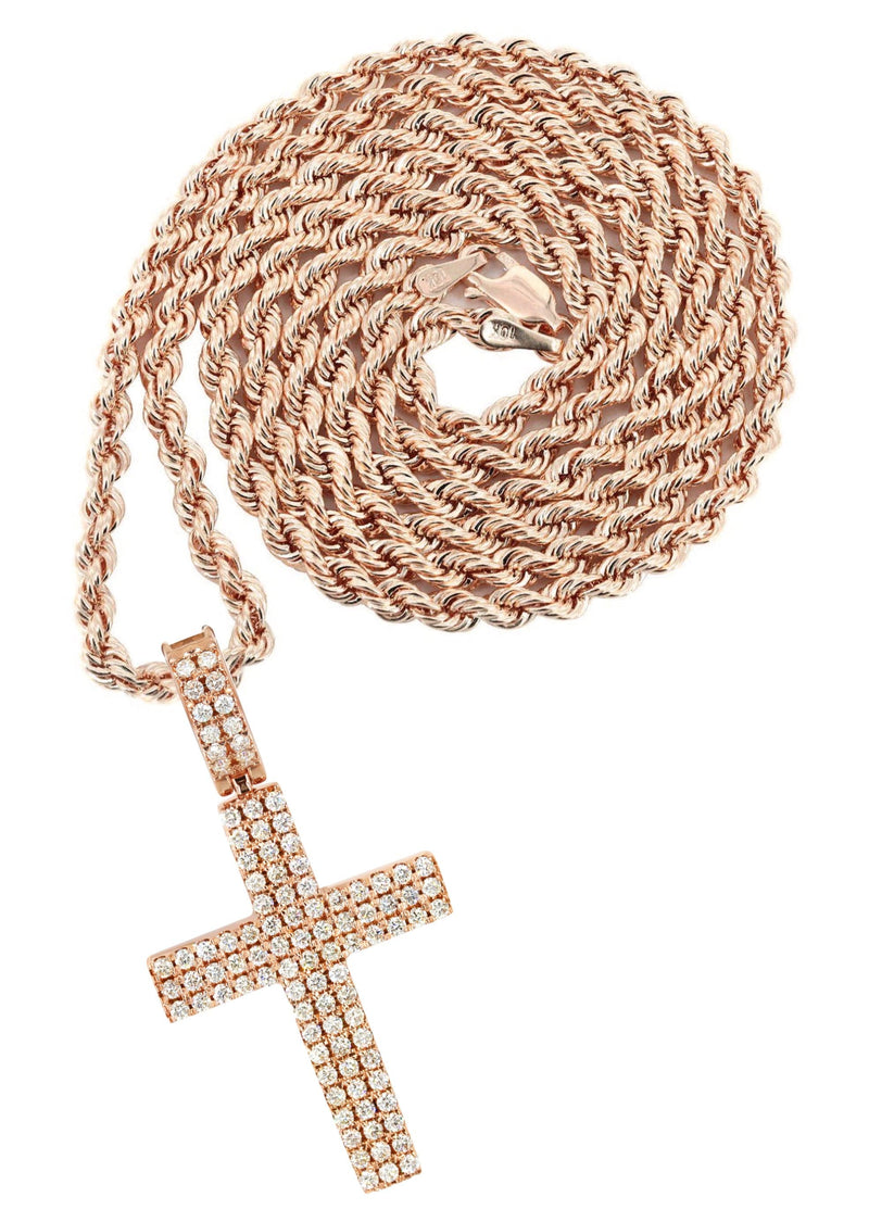 14K Rose Gold Diamond Cross Necklace | 1.69 Carats