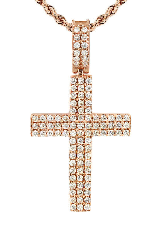 14K Rose Gold Diamond Cross Necklace | 1.69 Carats