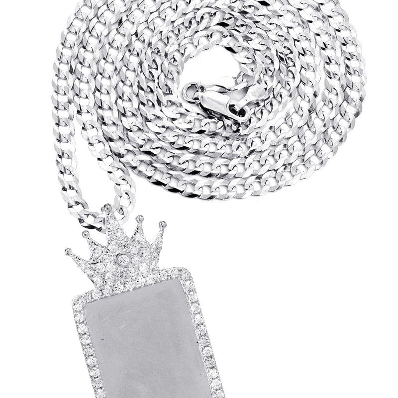14K White Gold Diamond Crown Dog Tag Picture Pendant Necklace | 1.4 Carats | Appx. 17.2 Grams