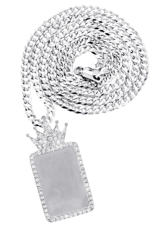 14K White Gold Diamond Crown Dog Tag Picture Pendant Necklace | 1.4 Carats | Appx. 17.2 Grams