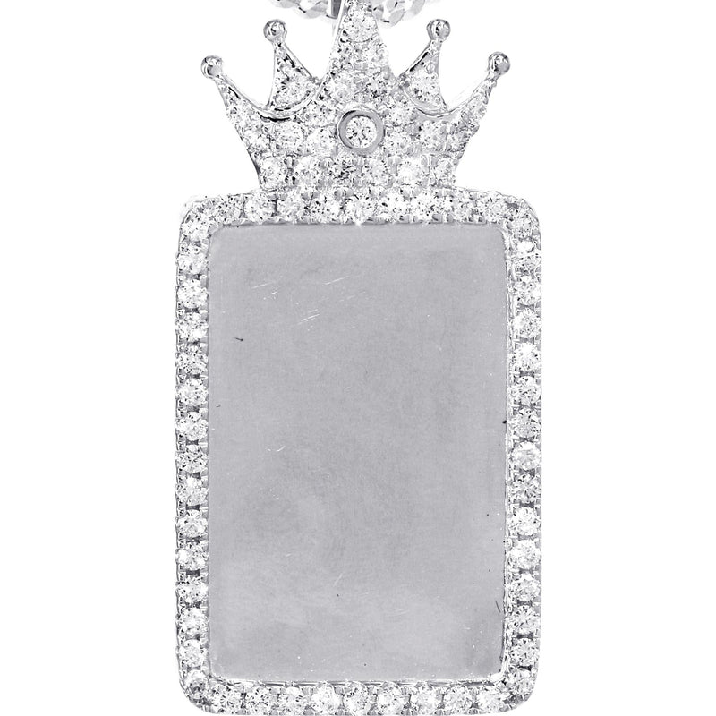 14K White Gold Diamond Crown Dog Tag Picture Pendant Necklace | 1.4 Carats | Appx. 17.2 Grams