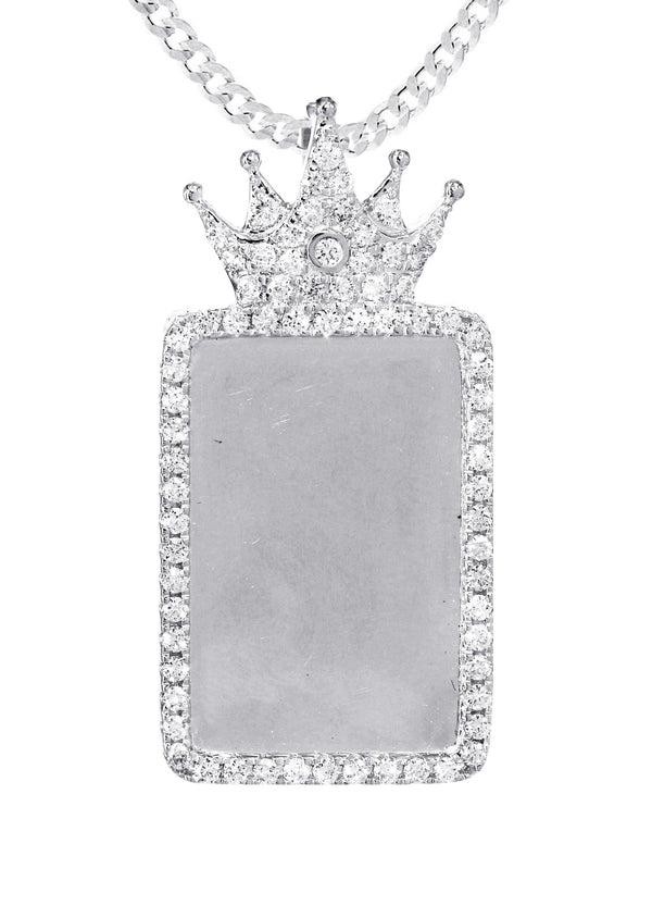 14K White Gold Diamond Crown Dog Tag Picture Pendant Necklace | 1.4 Carats | Appx. 17.2 Grams