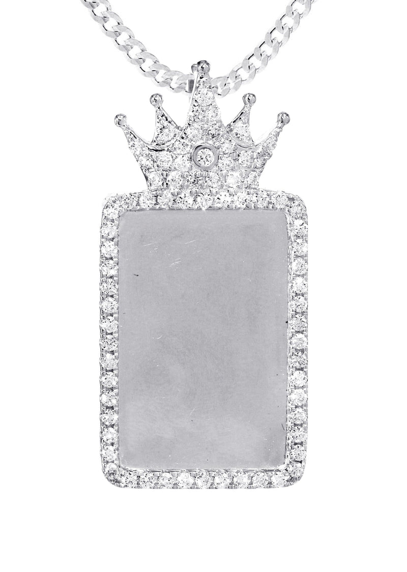 14K White Gold Diamond Crown Dog Tag Picture Pendant Necklace | 1.4 Carats | Appx. 17.2 Grams