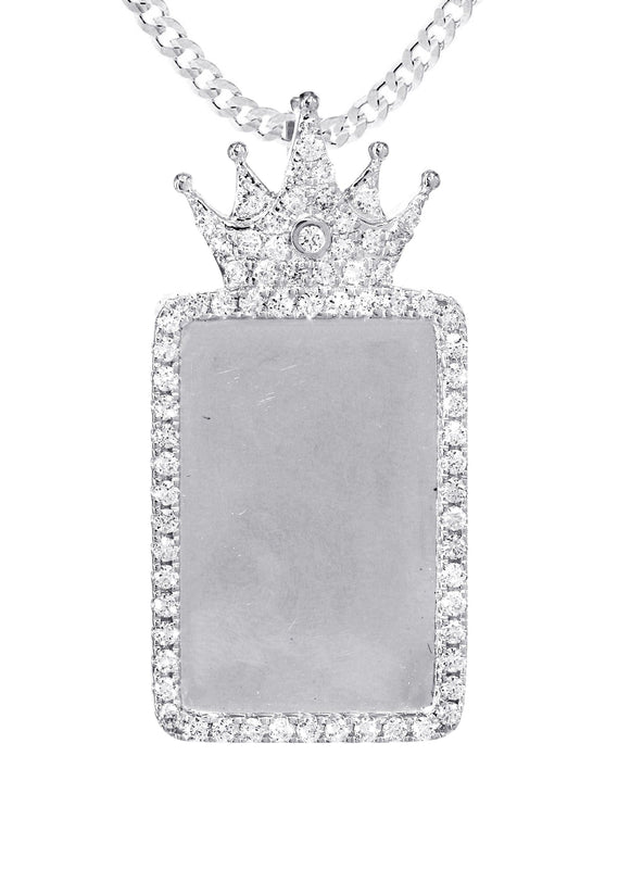 14K White Gold Diamond Crown Dog Tag Picture Pendant Necklace | 1.4 Carats | Appx. 17.2 Grams