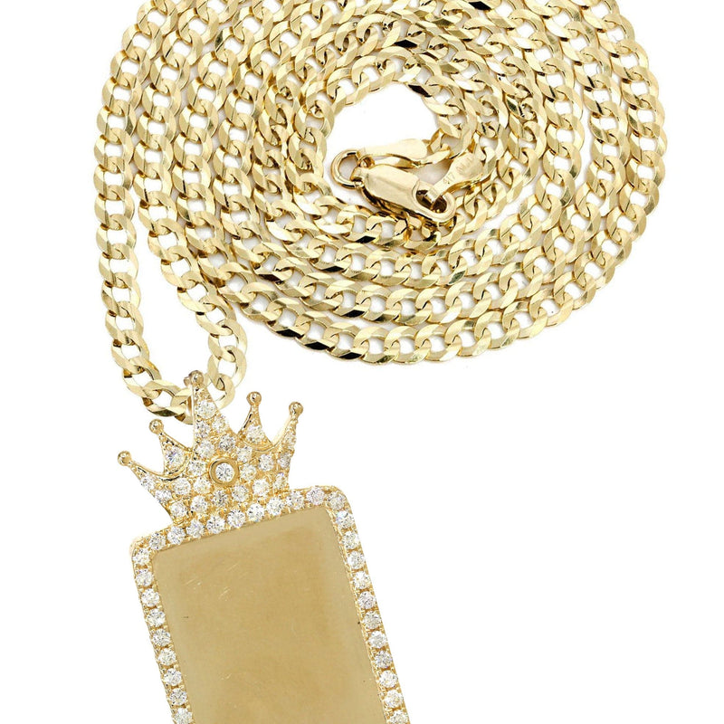 14K Yellow Gold Diamond Crown Dog Tag Picture Pendant Necklace | 1.4 Carats | Appx. 18 Grams