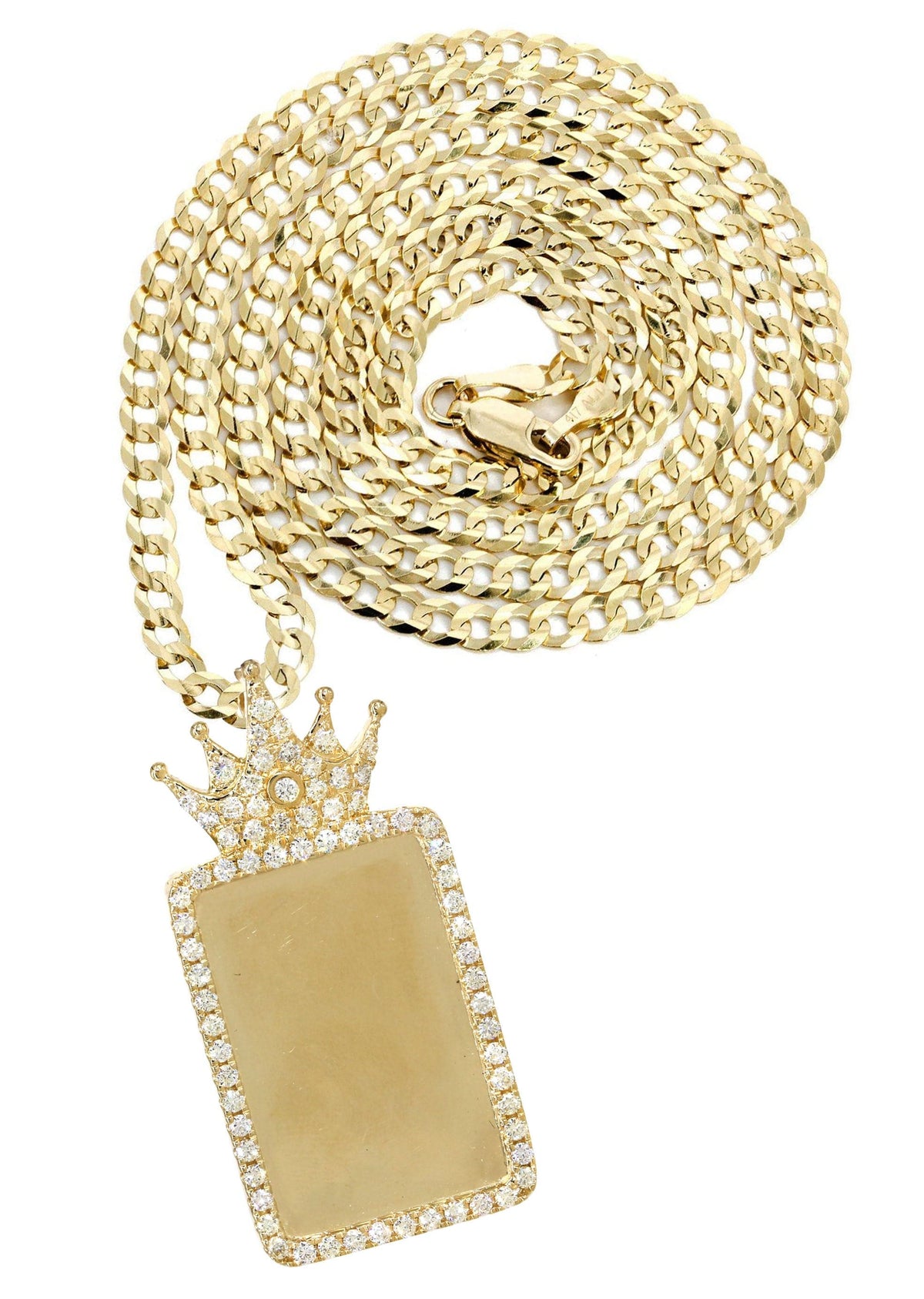14K Yellow Gold Diamond Crown Dog Tag Picture Pendant Necklace | 1.4 Carats | Appx. 18 Grams