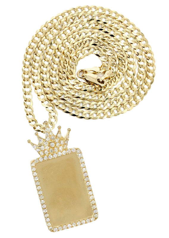 14K Yellow Gold Diamond Crown Dog Tag Picture Pendant Necklace | 1.4 Carats | Appx. 18 Grams