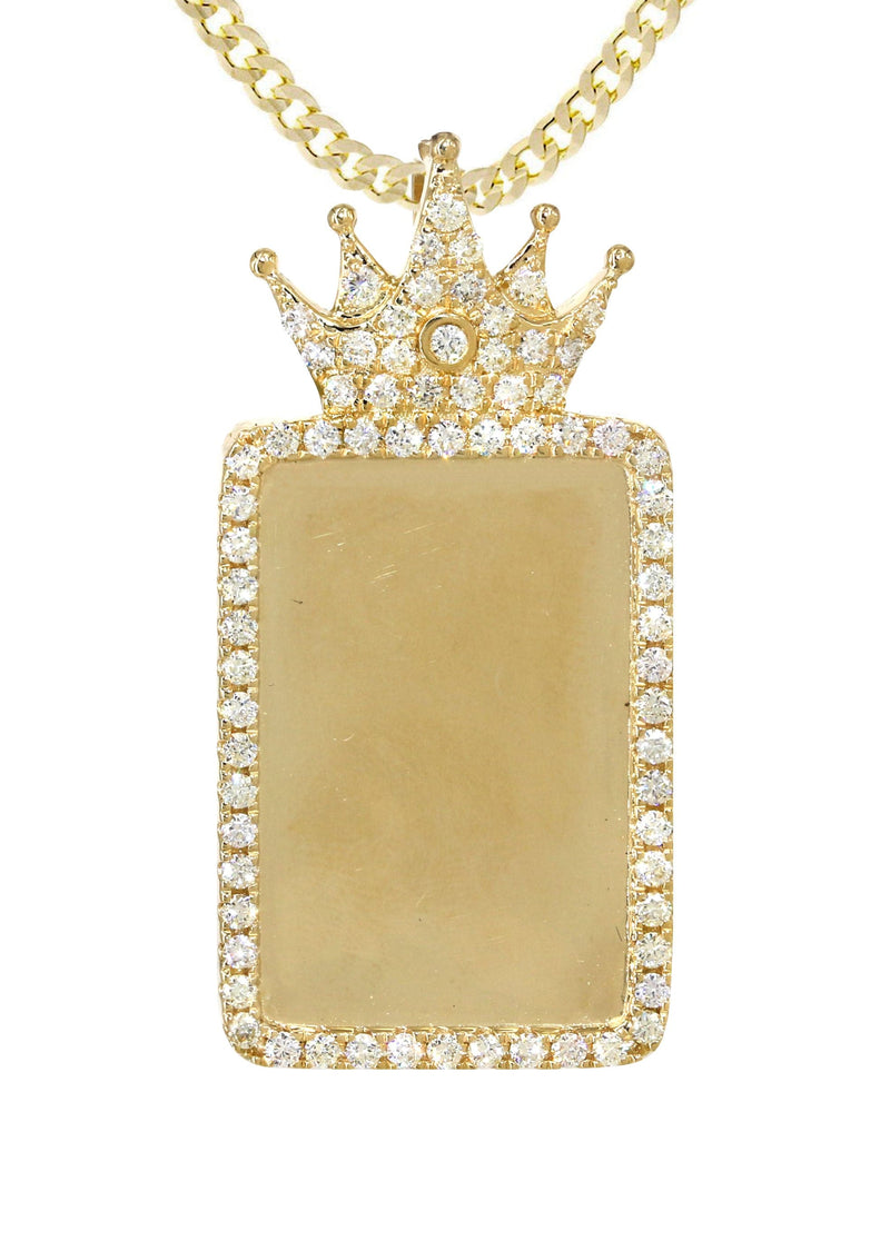 14K Yellow Gold Diamond Crown Dog Tag Picture Pendant Necklace | 1.4 Carats | Appx. 18 Grams