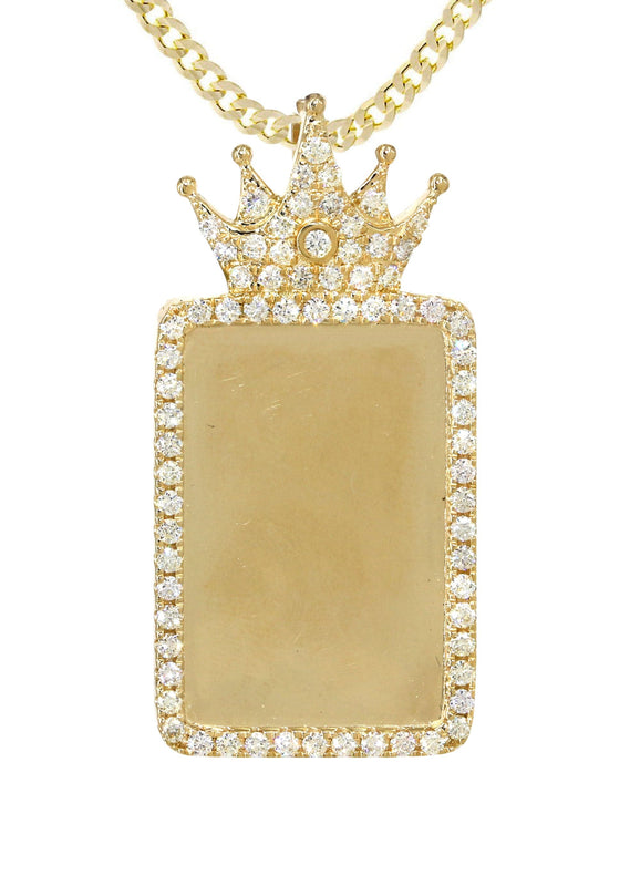 14K Yellow Gold Diamond Crown Dog Tag Picture Pendant Necklace | 1.4 Carats | Appx. 18 Grams