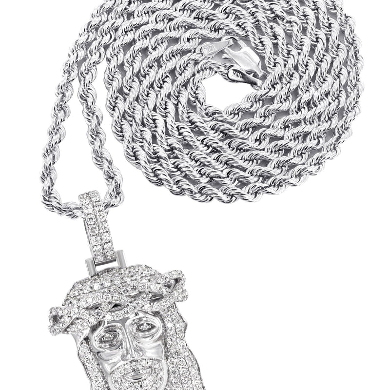 14K White Gold Diamond Jesus Head Necklace | 2.85 Carats