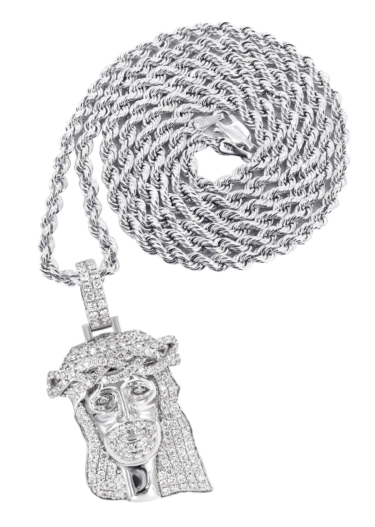 14K White Gold Diamond Jesus Head Necklace | 2.85 Carats