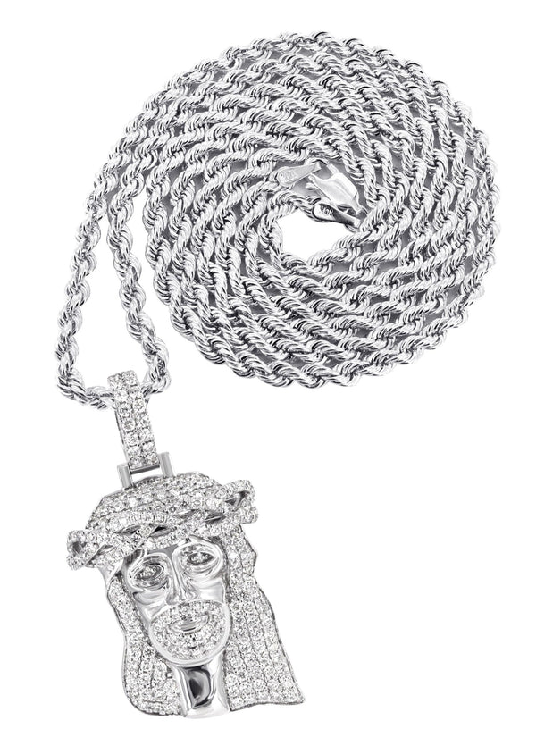 14K White Gold Diamond Jesus Head Necklace | 2.85 Carats