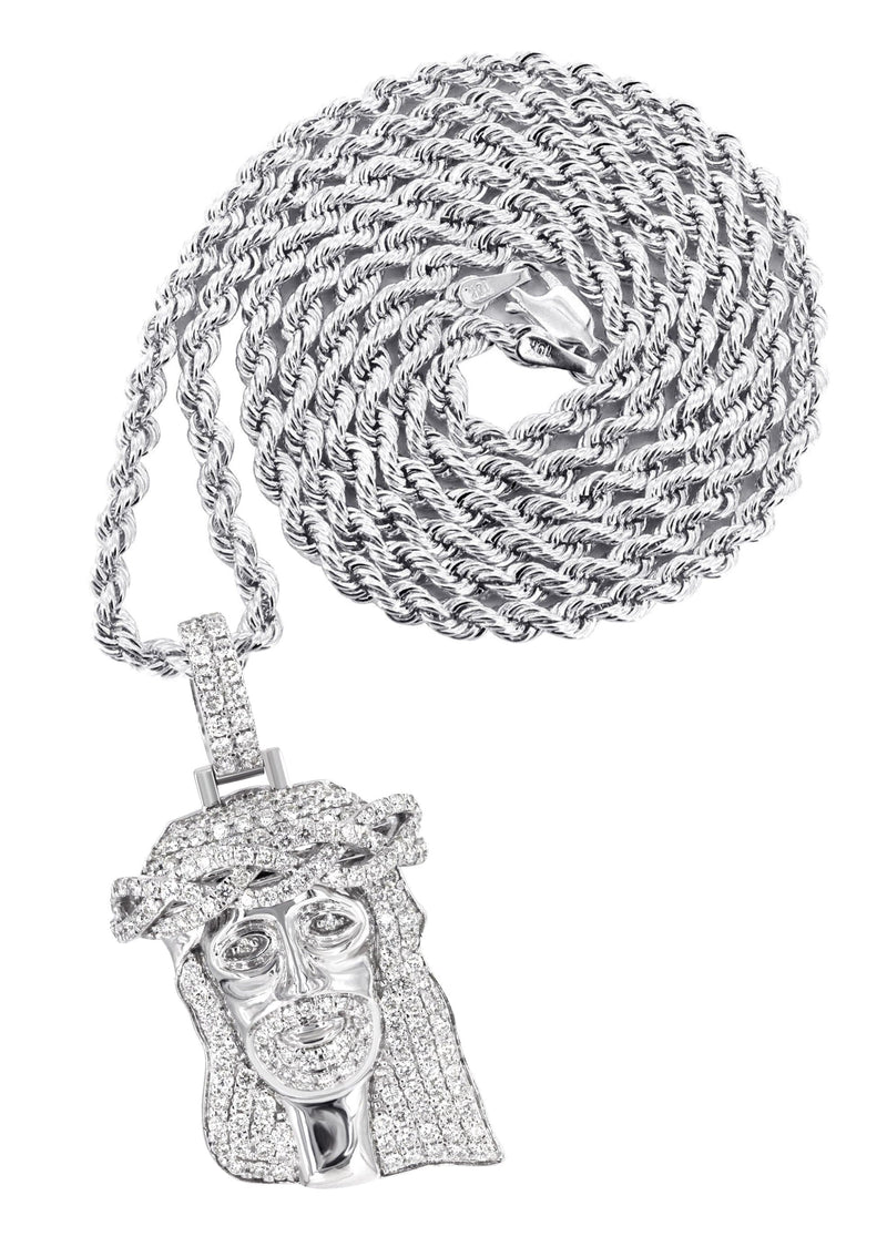 14K White Gold Diamond Jesus Head Necklace | 2.85 Carats