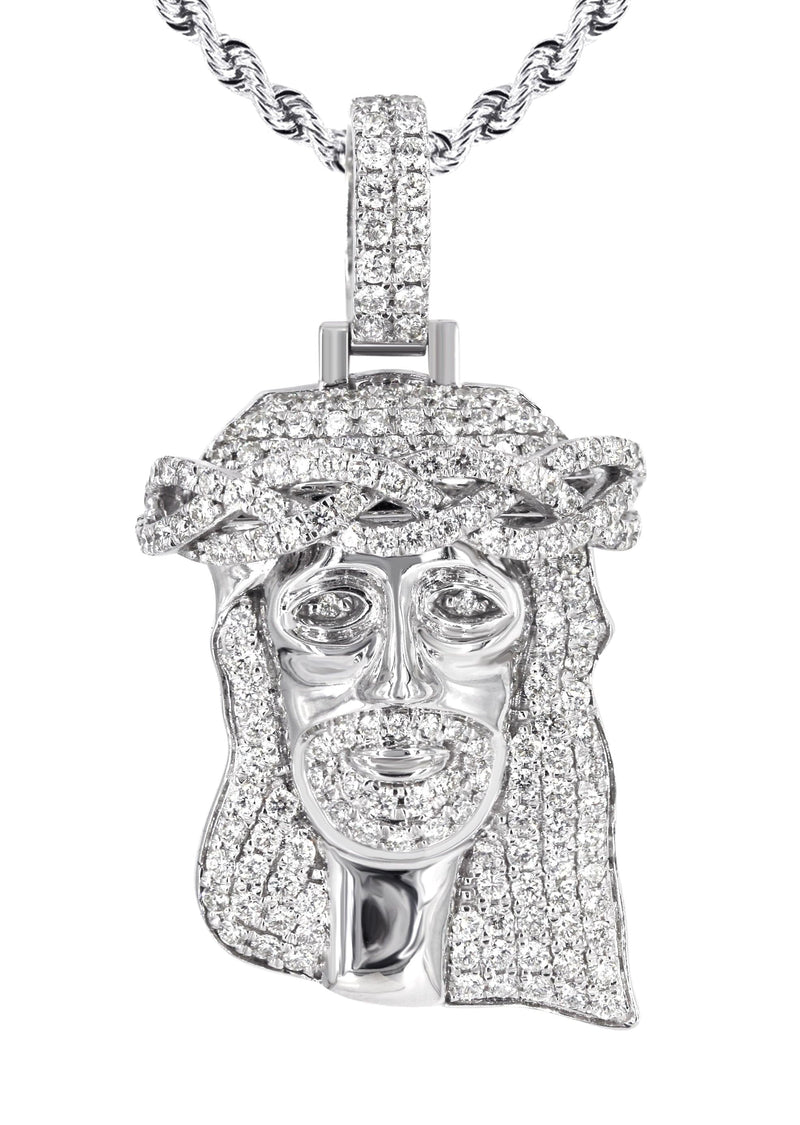 14K White Gold Diamond Jesus Head Necklace | 2.85 Carats