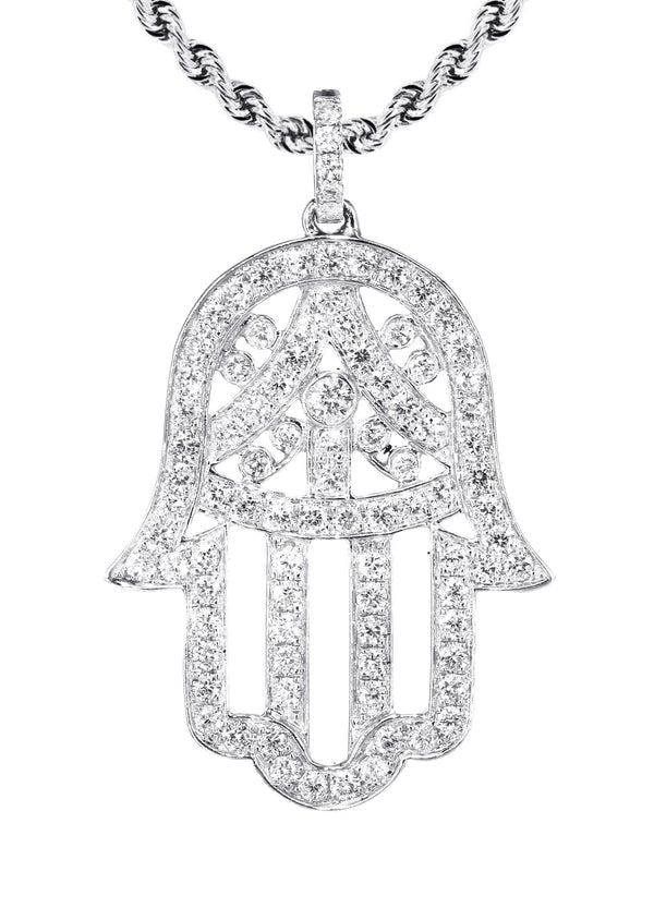 14K White Gold Diamond Hamsa Necklace | 2.02 Carats
