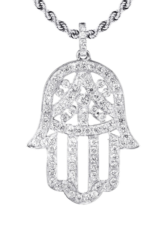 14K White Gold Diamond Hamsa Necklace | 2.02 Carats