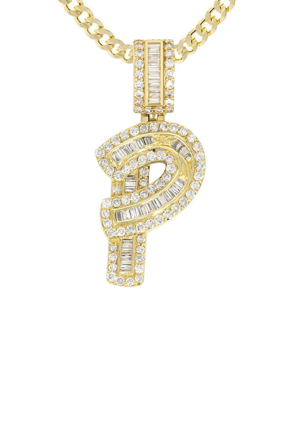 14K Yellow Gold Letter "P" Baguette Diamond Necklace | 1.72 Carats