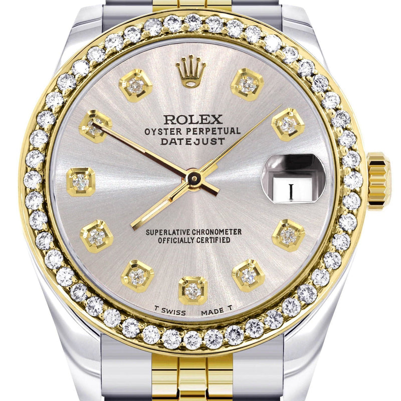 Diamond Gold Rolex Watch | 68273 | Diamond Bezel | 31MM | Grey Dial | Jubilee Band
