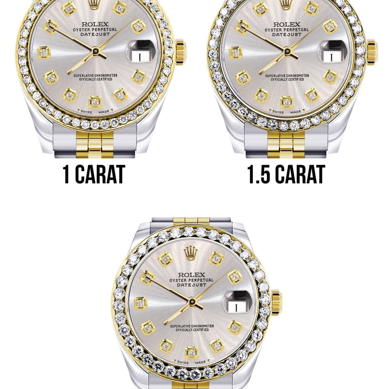 Diamond Gold Rolex Watch | 68273 | Diamond Bezel | 31MM | Grey Dial | Jubilee Band