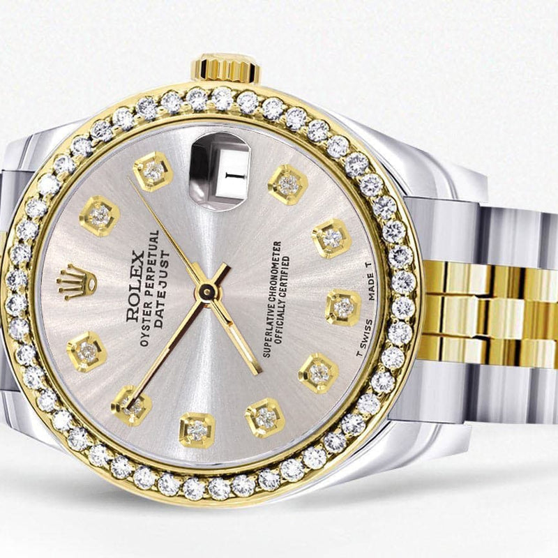 Diamond Gold Rolex Watch | 68273 | Diamond Bezel | 31MM | Grey Dial | Jubilee Band
