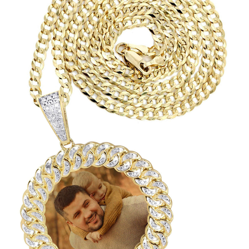 10K Yellow Gold Large Diamond Round Cuban Picture Pendant Necklace | Appx. 24 Grams