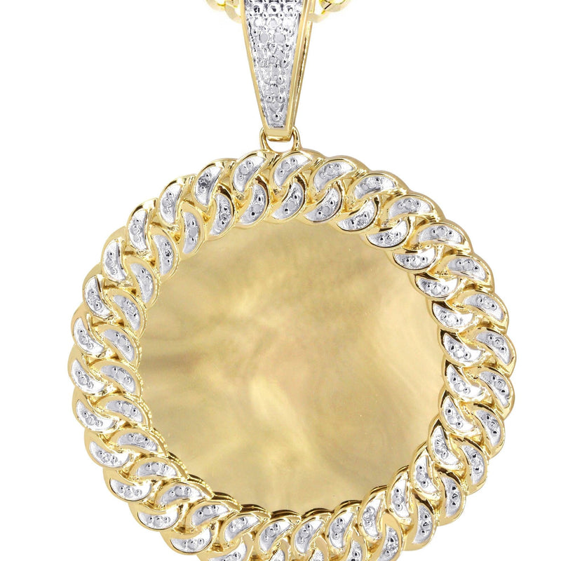 10K Yellow Gold Large Diamond Round Cuban Picture Pendant Necklace | Appx. 24 Grams