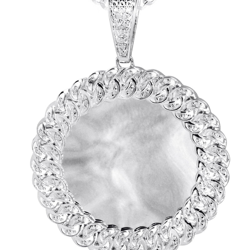 10K White Gold Large Diamond Round Cuban Picture Pendant Necklace | Appx. 24 Grams