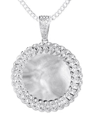 10K White Gold Large Diamond Round Cuban Picture Pendant Necklace | Appx. 24 Grams