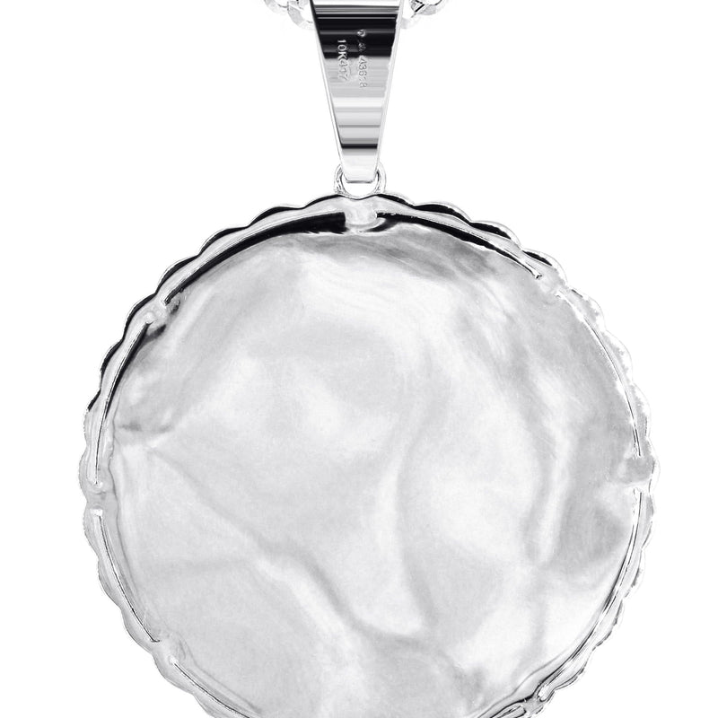10K White Gold Large Diamond Round Cuban Picture Pendant Necklace | Appx. 24 Grams