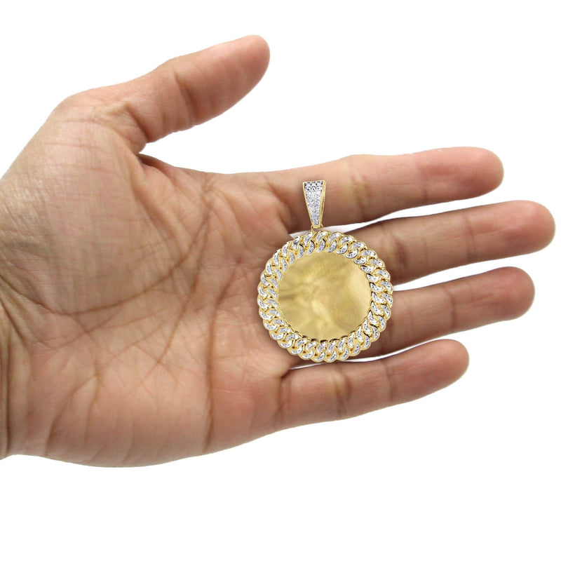 10K Yellow Gold Large Diamond Round Cuban Picture Pendant Necklace | Appx. 24 Grams