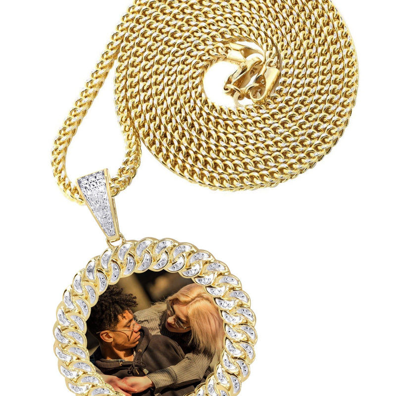 10K Yellow Gold Medium Diamond Round Cuban Picture Pendant Necklace | Appx. 21 Grams