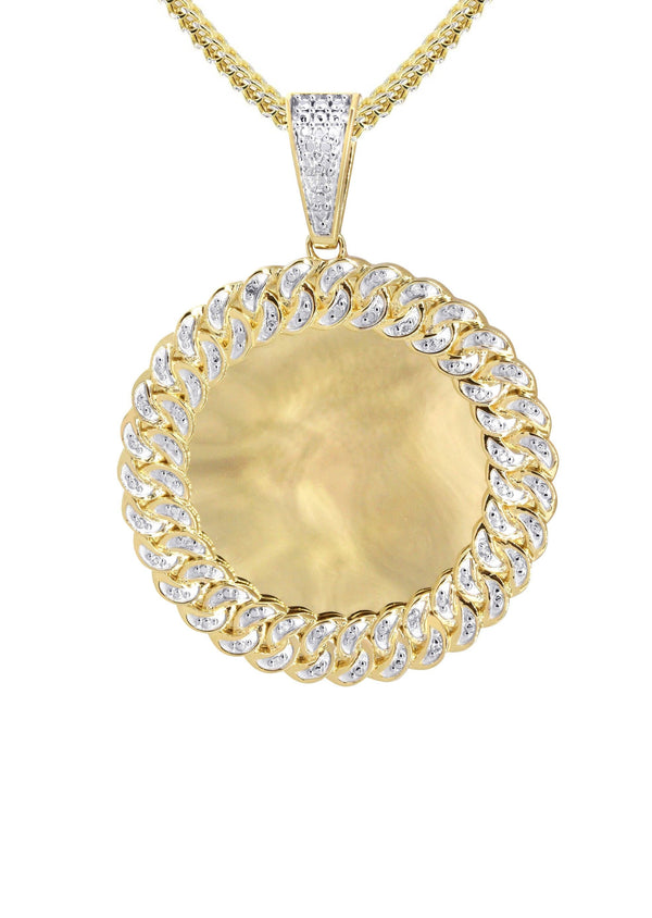 10K Yellow Gold Medium Diamond Round Cuban Picture Pendant Necklace | Appx. 21 Grams