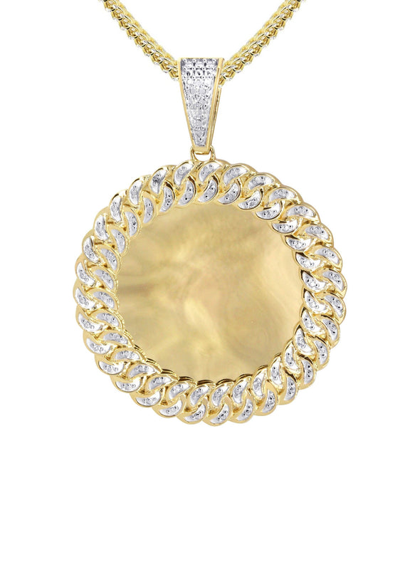 10K Yellow Gold Medium Diamond Round Cuban Picture Pendant Necklace | Appx. 21 Grams